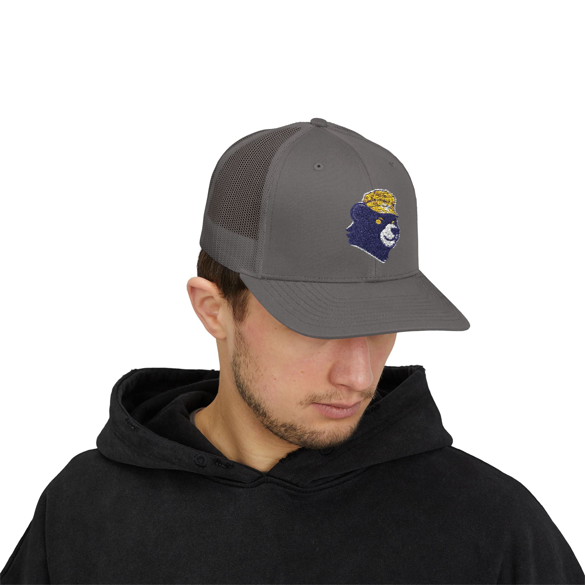 Trucker Hat – Vintage Embroidered Bear with Yellow Cap Snapback Customizable