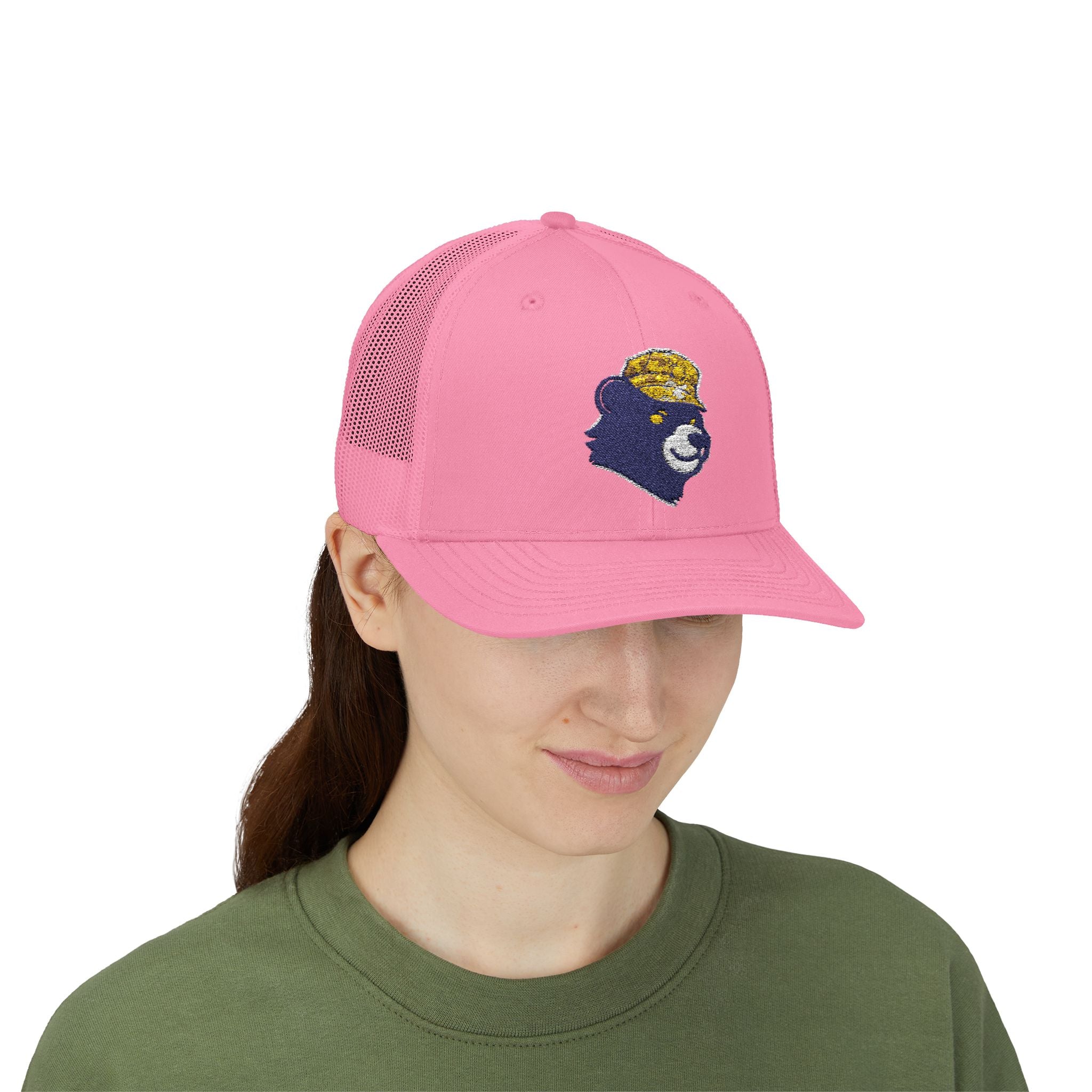 Trucker Hat – Vintage Embroidered Bear with Yellow Cap Snapback Customizable
